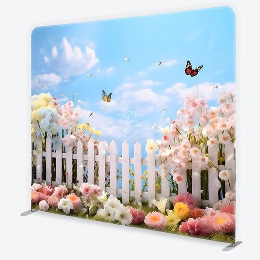 Lofaris Whimsical Spring Garden Square Double-Sided Backdrop with White Picket Fence Colorful Flowers and Butterflies