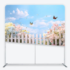 Lofaris Whimsical Spring Garden Square Double-Sided Backdrop with White Picket Fence Colorful Flowers and Butterflies