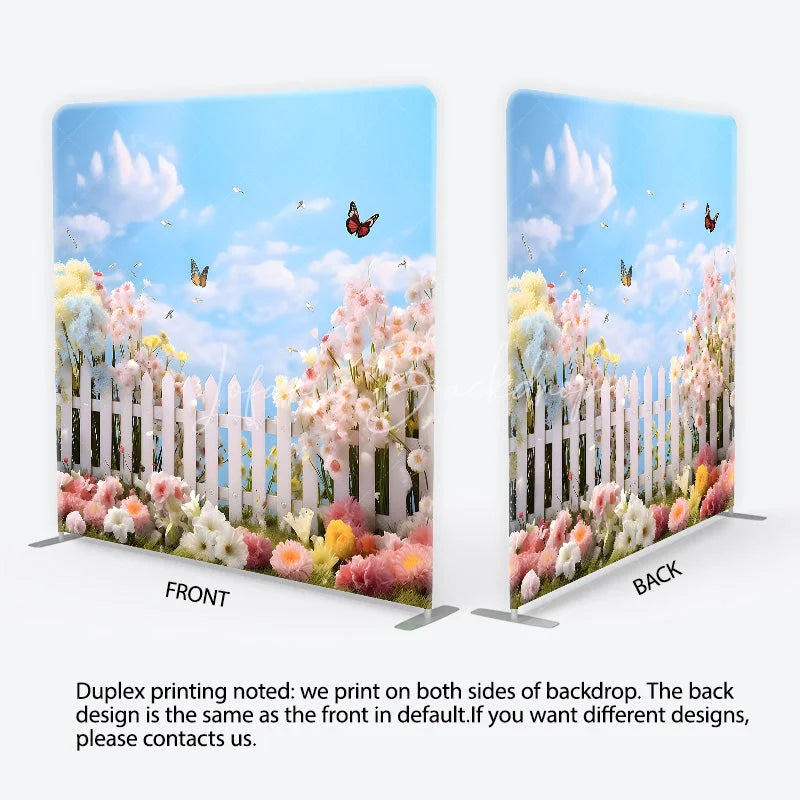 Lofaris Whimsical Spring Garden Square Double-Sided Backdrop with White Picket Fence Colorful Flowers and Butterflies