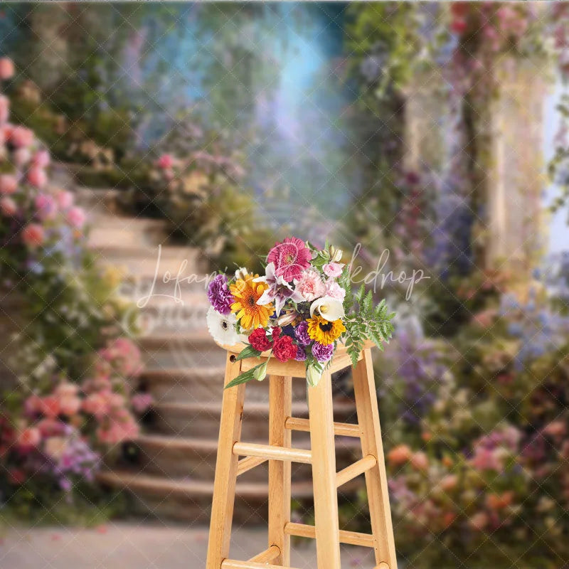 Lofaris Whimsical Stone Staircase Photography Backdrop with Pink Roses and Lush Purple Flowers Enchanting Garden Scene