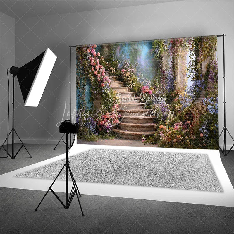 Lofaris Whimsical Stone Staircase Photography Backdrop with Pink Roses and Lush Purple Flowers Enchanting Garden Scene
