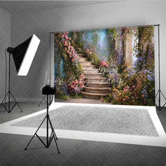 Lofaris Whimsical Stone Staircase Photography Backdrop with Pink Roses and Lush Purple Flowers Enchanting Garden Scene