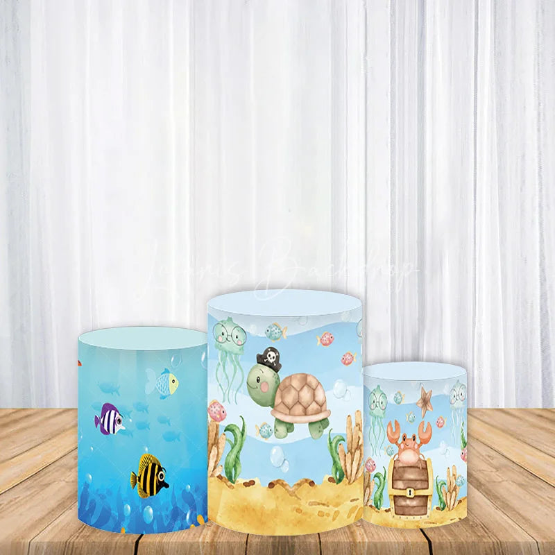Lofaris Whimsical Under the Sea Cylinder Cover featuring a Pirate Turtle Crab and Colorful Fish for Kids Birthday Party