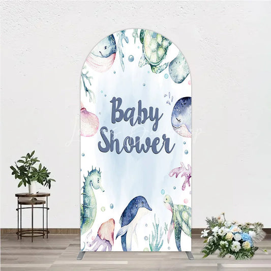 Lofaris Whimsical Watercolor Ocean Animals Round Top Arch Backdrop featuring Whales Turtles and Seahorse for Baby Shower