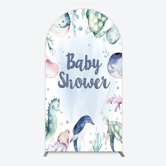Lofaris Whimsical Watercolor Ocean Animals Round Top Arch Backdrop featuring Whales Turtles and Seahorse for Baby Shower