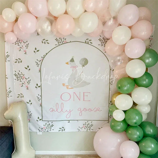 Lofaris Whimsical White Goose and Floral ONE Silly 1st Birthday Backdrop Delicate Green Leaves Pink Flowers Decor