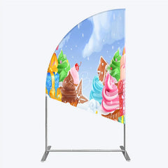 Lofaris Whimsical Winter Candy Land Half Moon Arch Backdrop with Cupcakes Gingerbread and Canes for Holiday Party Decor