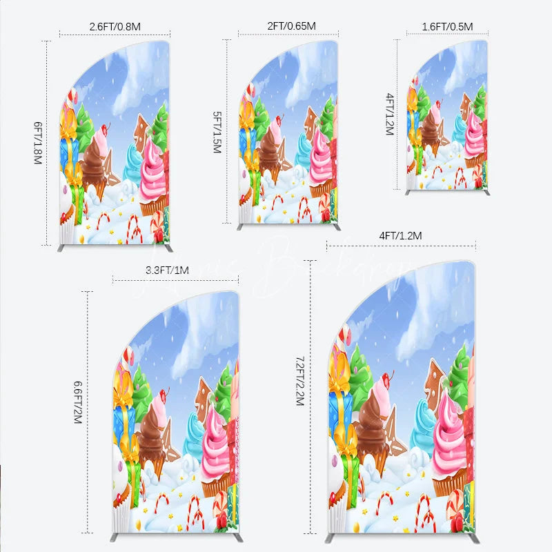 Lofaris Whimsical Winter Candy Land Half Moon Arch Backdrop with Cupcakes Gingerbread and Canes for Holiday Party Decor
