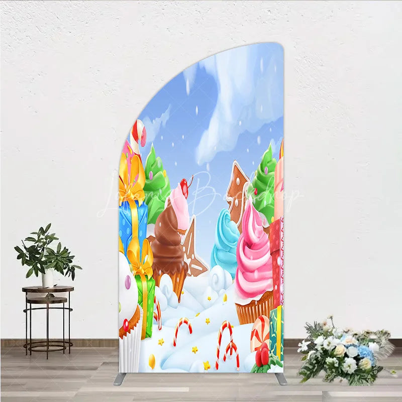 Lofaris Whimsical Winter Candy Land Half Moon Arch Backdrop with Cupcakes Gingerbread and Canes for Holiday Party Decor