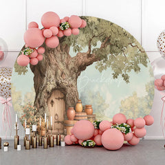 Lofaris Whimsical Woodland Enchanted Tree House Door Round Backdrop Rustic Forest Fairy Tale Birthday Party Decor