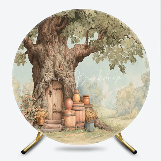 Lofaris Whimsical Woodland Enchanted Tree House Door Round Backdrop Rustic Forest Fairy Tale Birthday Party Decor