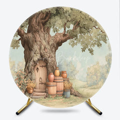 Lofaris Whimsical Woodland Enchanted Tree House Door Round Backdrop Rustic Forest Fairy Tale Birthday Party Decor