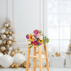 Lofaris White and Gold Christmas Photography Backdrop All Room with Elegant Trees Modern Holiday Photo Background