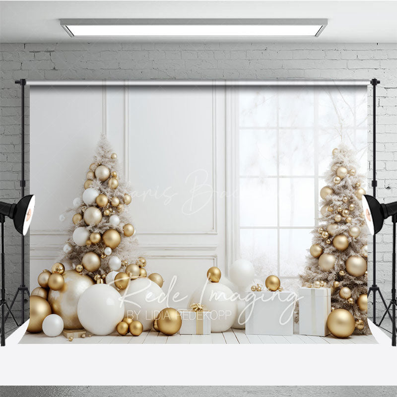 Lofaris White and Gold Christmas Photography Backdrop All Room with Elegant Trees Modern Holiday Photo Background