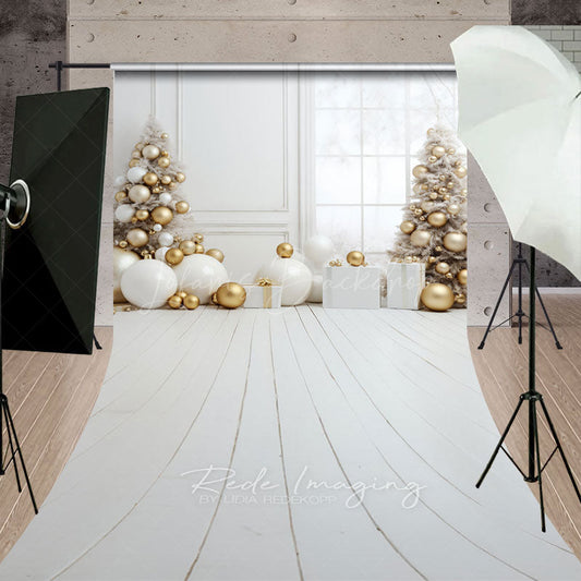 Lofaris White and Gold Christmas Room Sweep Backdrop All Elegant Trees Modern Holiday Photo Studio Floor Drop