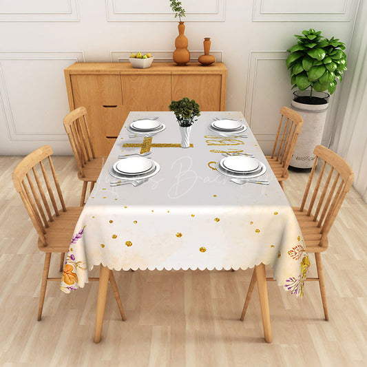 Lofaris White and Gold Floral Rectangle Tablecloth with Crucifix for Easter Christening or Baptism Decor