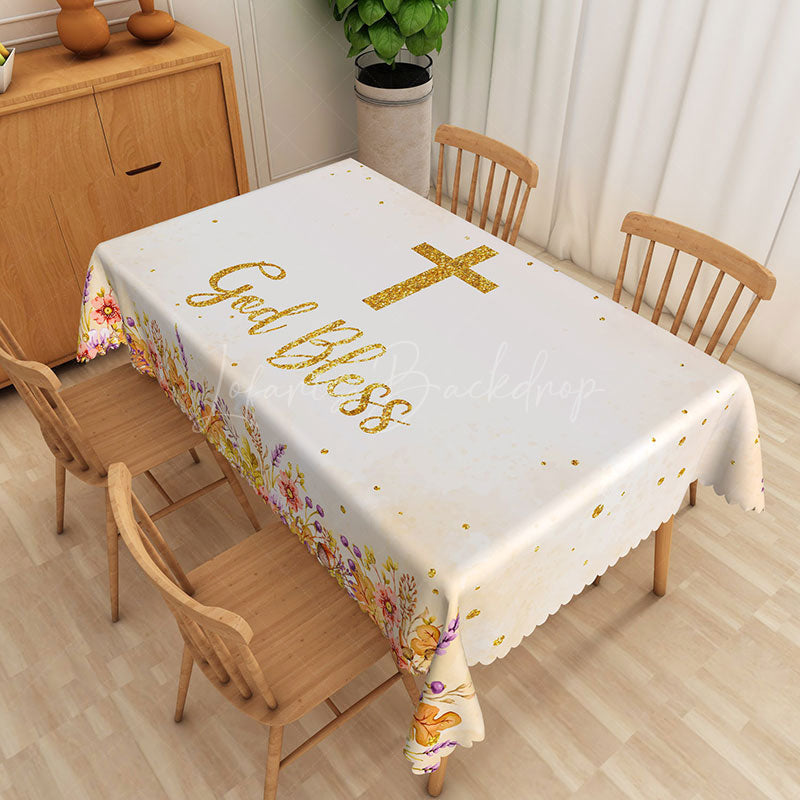 Lofaris White and Gold Floral Rectangle Tablecloth with Crucifix for Easter Christening or Baptism Decor