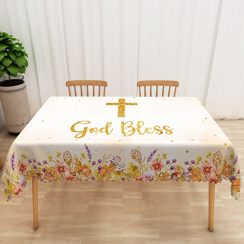 Lofaris White and Gold Floral Rectangle Tablecloth with Crucifix for Easter Christening or Baptism Decor