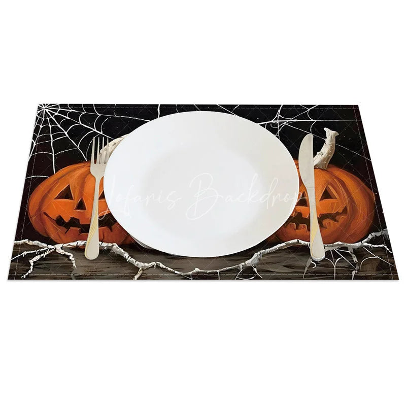 Lofaris White and Orange Cobweb Jack-O’-Lantern Set of 4 Placemats for Halloween Party Decorations