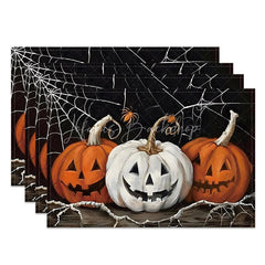 Lofaris White and Orange Cobweb Jack-O’-Lantern Set of 4 Placemats for Halloween Party Decorations