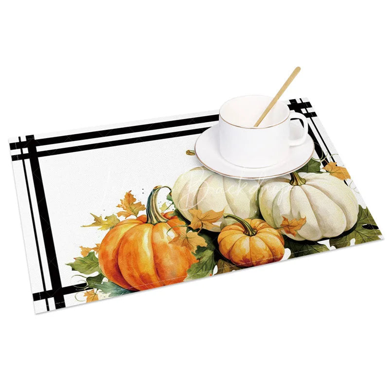 Lofaris White and Orange Pumpkin with Greenery Set of 4 Placemats for Modern Fall Thanksgiving Decor