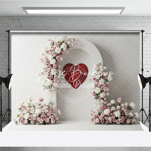 Lofaris White Arch with Pink and Floral Arrangements Red Heart Photography Backdrop Romantic Valentine’s Day Decor