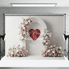 Lofaris White Arch with Pink and Floral Arrangements Red Heart Photography Backdrop Romantic Valentine’s Day Decor