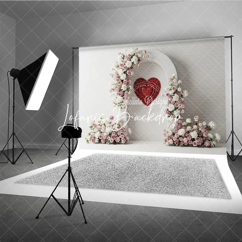 Lofaris White Arch with Pink and Floral Arrangements Red Heart Photography Backdrop Romantic Valentine’s Day Decor