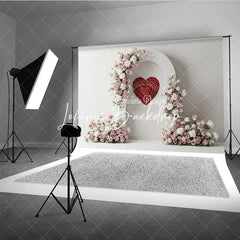 Lofaris White Arch with Pink and Floral Arrangements Red Heart Photography Backdrop Romantic Valentine’s Day Decor