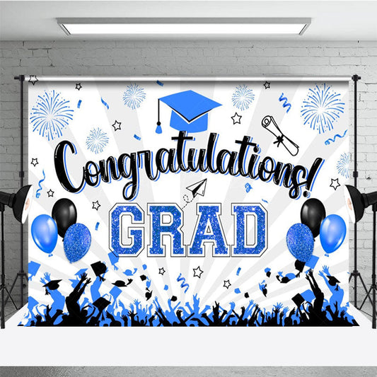 Lofaris White Beam Blue Sparkle Balloon Congrats Grad Backdrop