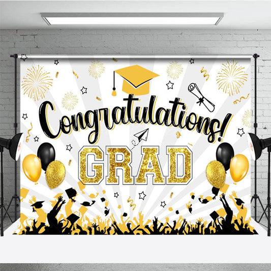 Lofaris White Beam Gold Sparkle Balloon Congrats Grad Backdrop
