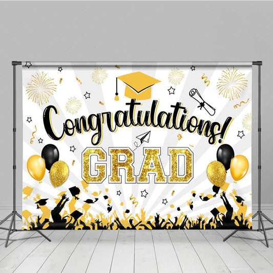 Lofaris White Beam Gold Sparkle Balloon Congrats Grad Backdrop