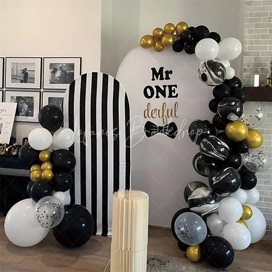 Lofaris White Black Bow Mr Onederful Birthday Arch Backdrop