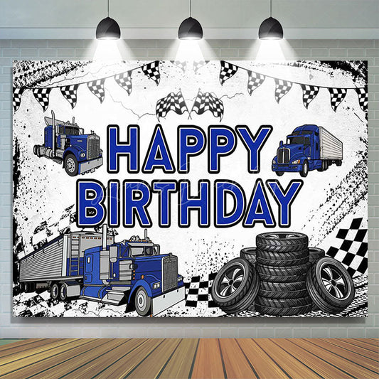 Lofaris White Blue Semi Truck Happy Birthday Backdrop For Boy