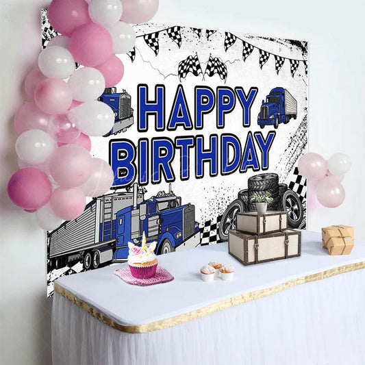 Lofaris White Blue Semi Truck Happy Birthday Backdrop For Boy
