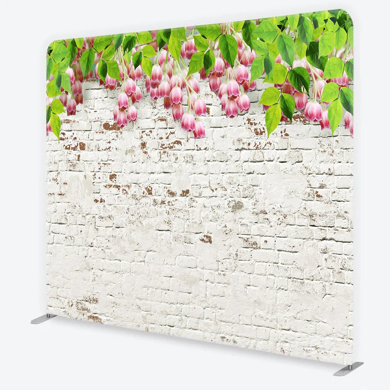 Lofaris White Brick Wall and Pink Flowers Tension Fabric Backdrop Rustic Floral Garden Background Professional Photography Decor