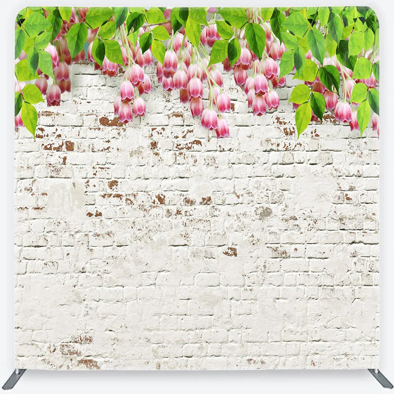 Lofaris White Brick Wall and Pink Flowers Tension Fabric Backdrop Rustic Floral Garden Background Professional Photography Decor
