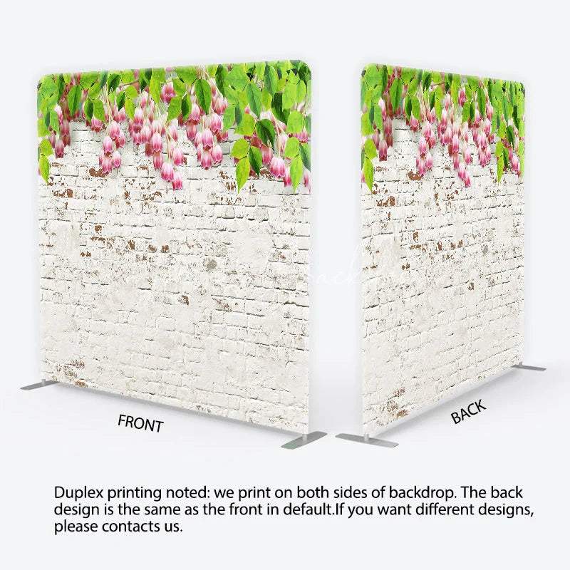 Lofaris White Brick Wall and Pink Flowers Tension Fabric Backdrop Rustic Floral Garden Background Professional Photography Decor