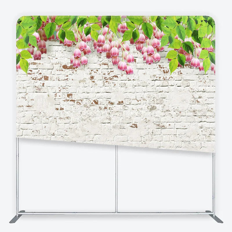 Lofaris White Brick Wall and Pink Flowers Tension Fabric Backdrop Rustic Floral Garden Background Professional Photography Decor