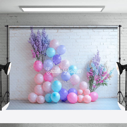 Lofaris White Brick Wall Photography Backdrop with Pastel Balloons Floral Decor for Birthday Baby Shower Photo Booth