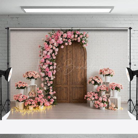 Lofaris White Brick Wall Pink Floral Wood Door Wedding Backdrop