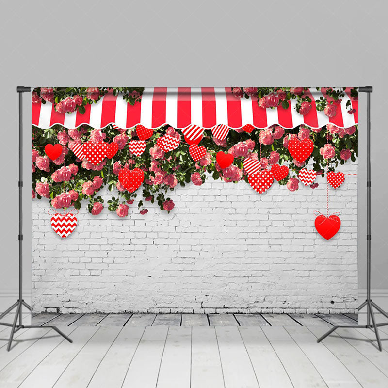 Lofaris White Bricks Greenery Floral Valentines Day Backdrop