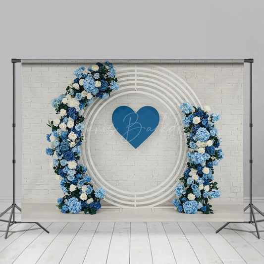 Lofaris White Bricks Wall Blue Circle Floral Wedding Backdrop