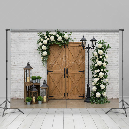 Lofaris White Bricks Wall Floral Wood Door Photo Backdrop