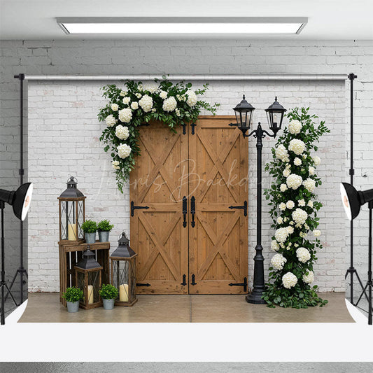 Lofaris White Bricks Wall Floral Wood Door Photo Backdrop
