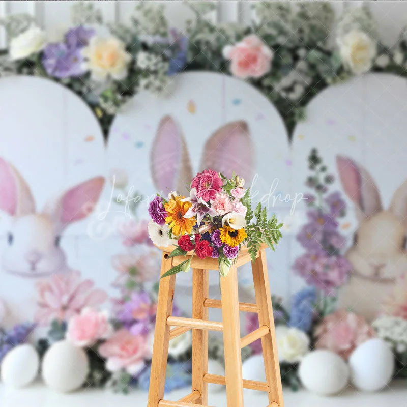 Lofaris White Bunny Peeking Backdrop Spring Floral Bloom and Easter Eggs Portrait Decoration