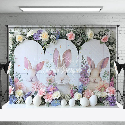 Lofaris White Bunny Peeking Backdrop Spring Floral Bloom and Easter Eggs Portrait Decoration