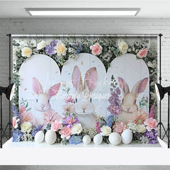 Lofaris White Bunny Peeking Backdrop Spring Floral Bloom and Easter Eggs Portrait Decoration