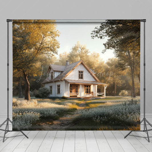 Lofaris White Cabin In Forest Spring Photography Backdrop