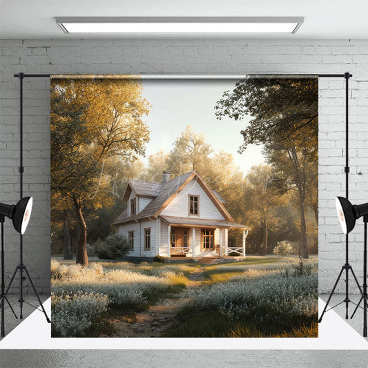 Lofaris White Cabin In Forest Spring Photography Backdrop